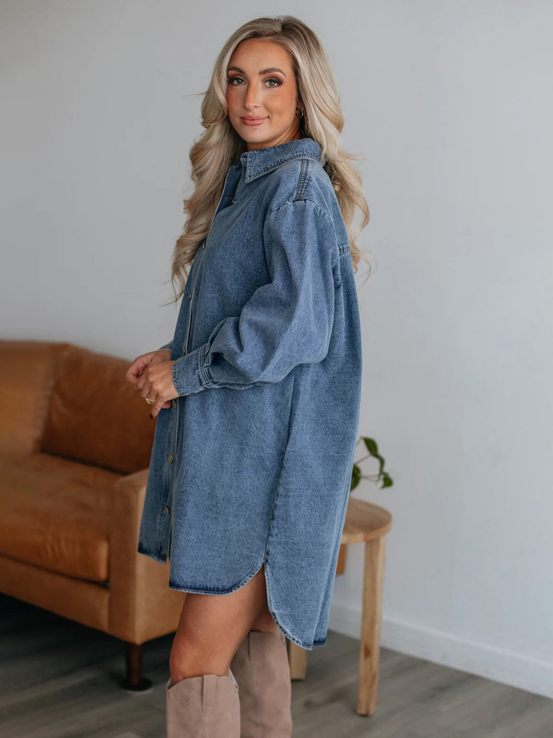 Button Up Collared Neck Long Sleeve Denim Dress - Pahabu - Women's Clothing & Shop