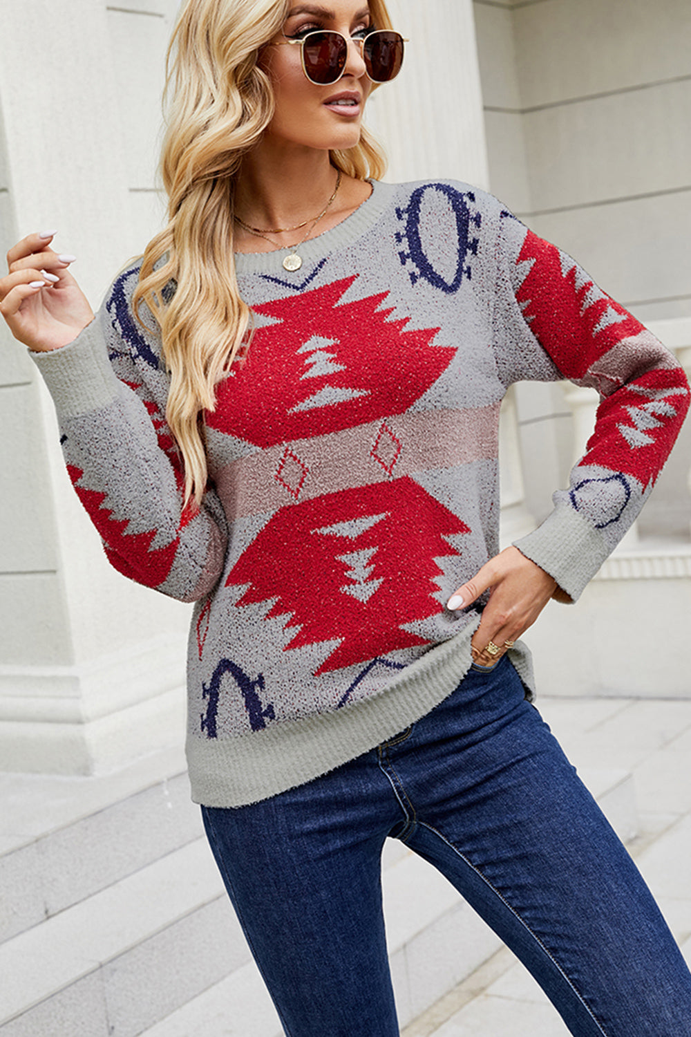 Printed Round Neck Long Sleeve Sweater - Pahabu - Women's Clothing & Shop