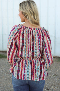 Multicolour Western Print Split Neck Peplum Blouse - Pahabu - Women's Clothing & Shop