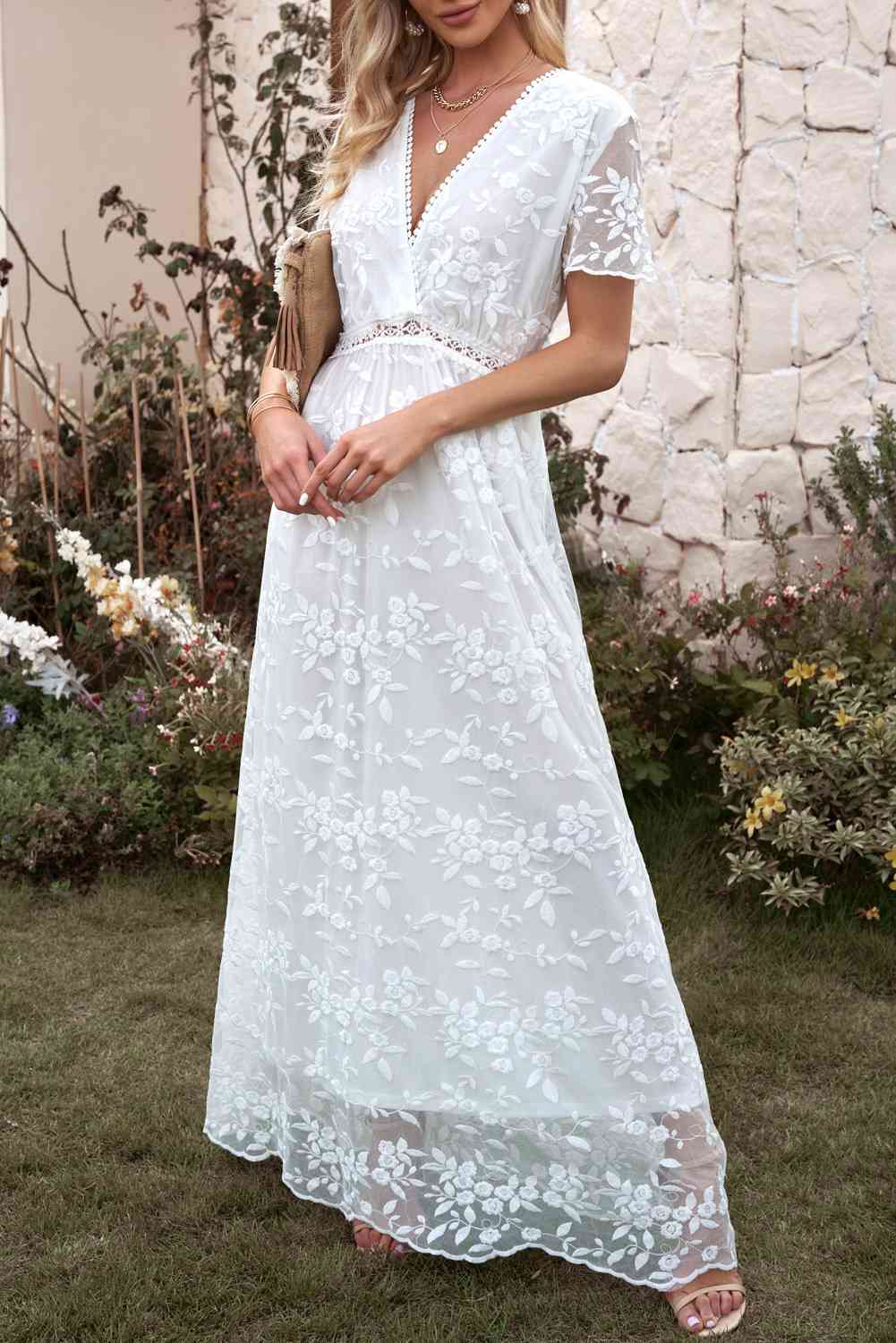 Embroidered Short Sleeve Surplice Neck Maxi Dress - Pahabu - Women's Clothing & Shop