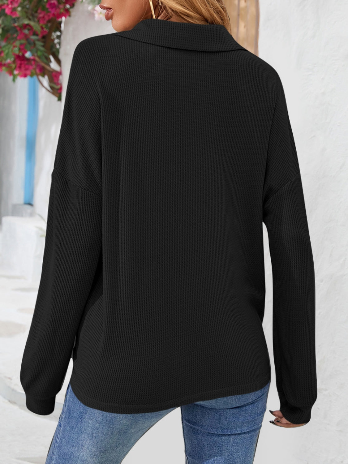 Half Button Collared Neck Long Sleeve Top - Pahabu - Women's Clothing & Shop
