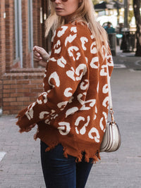 Leopard Frayed Hem Long Sleeve Sweater - Pahabu - Women's Clothing & Shop