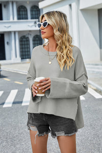 High-Low Slit Round Neck Long Sleeve Sweater - Pahabu - Women's Clothing & Shop