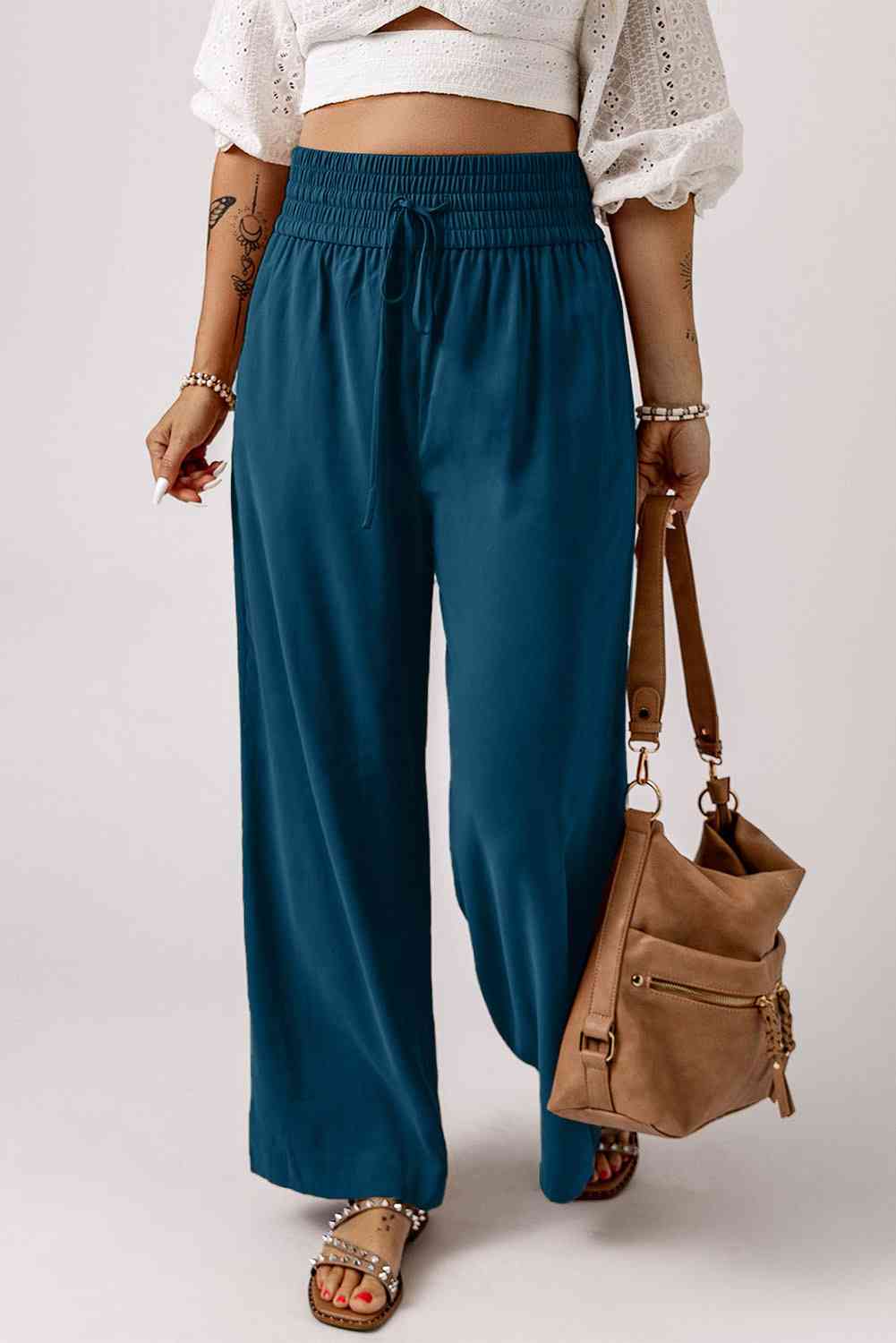 Drawstring Smocked Waist Wide Leg Pants - Pahabu - Women's Clothing & Shop