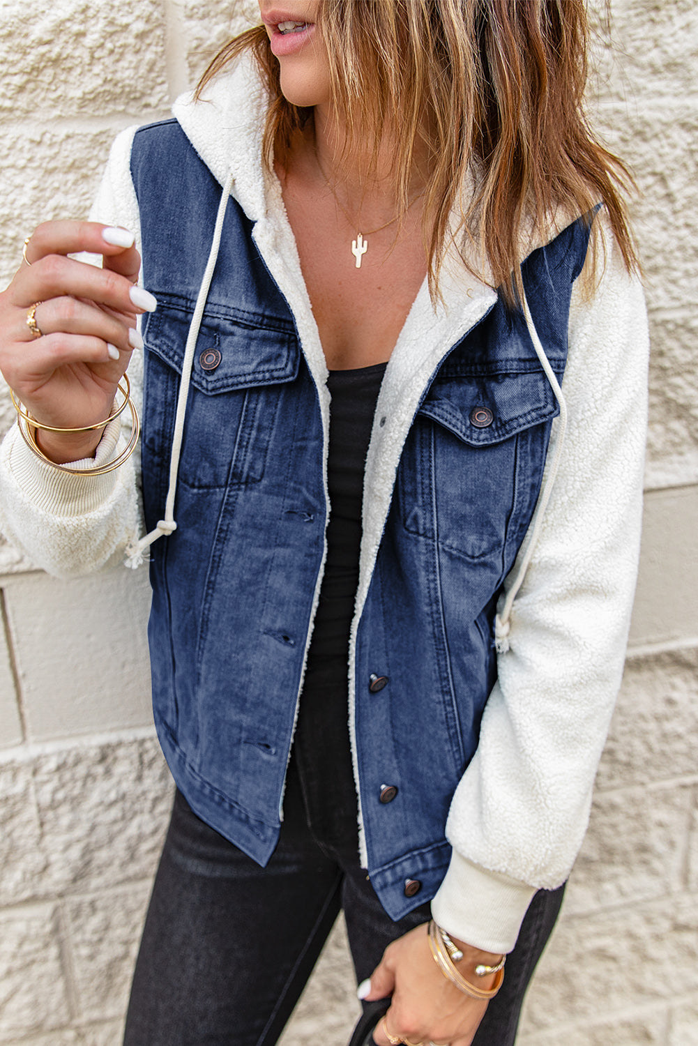 Two-Tone Spliced Denim Sherpa Hooded Jacket - Pahabu - Women's Clothing & Shop