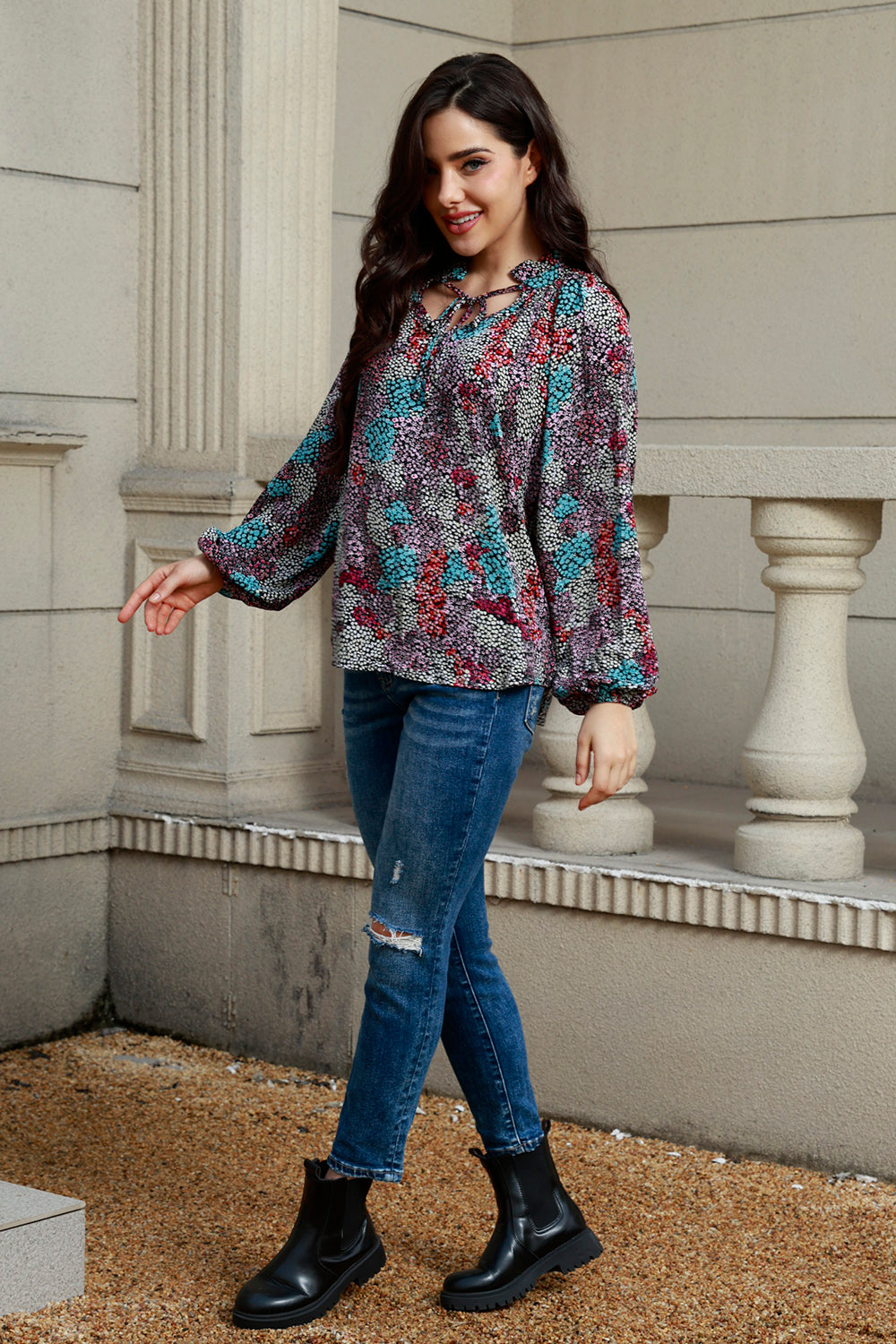Tie Neck Heathered Balloon Sleeve Blouse - Pahabu - Women's Clothing & Shop