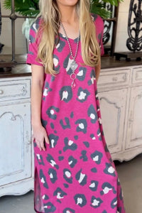 Leopard Slit V-Neck Short Sleeve Maxi Dress - Pahabu - Women's Clothing & Shop