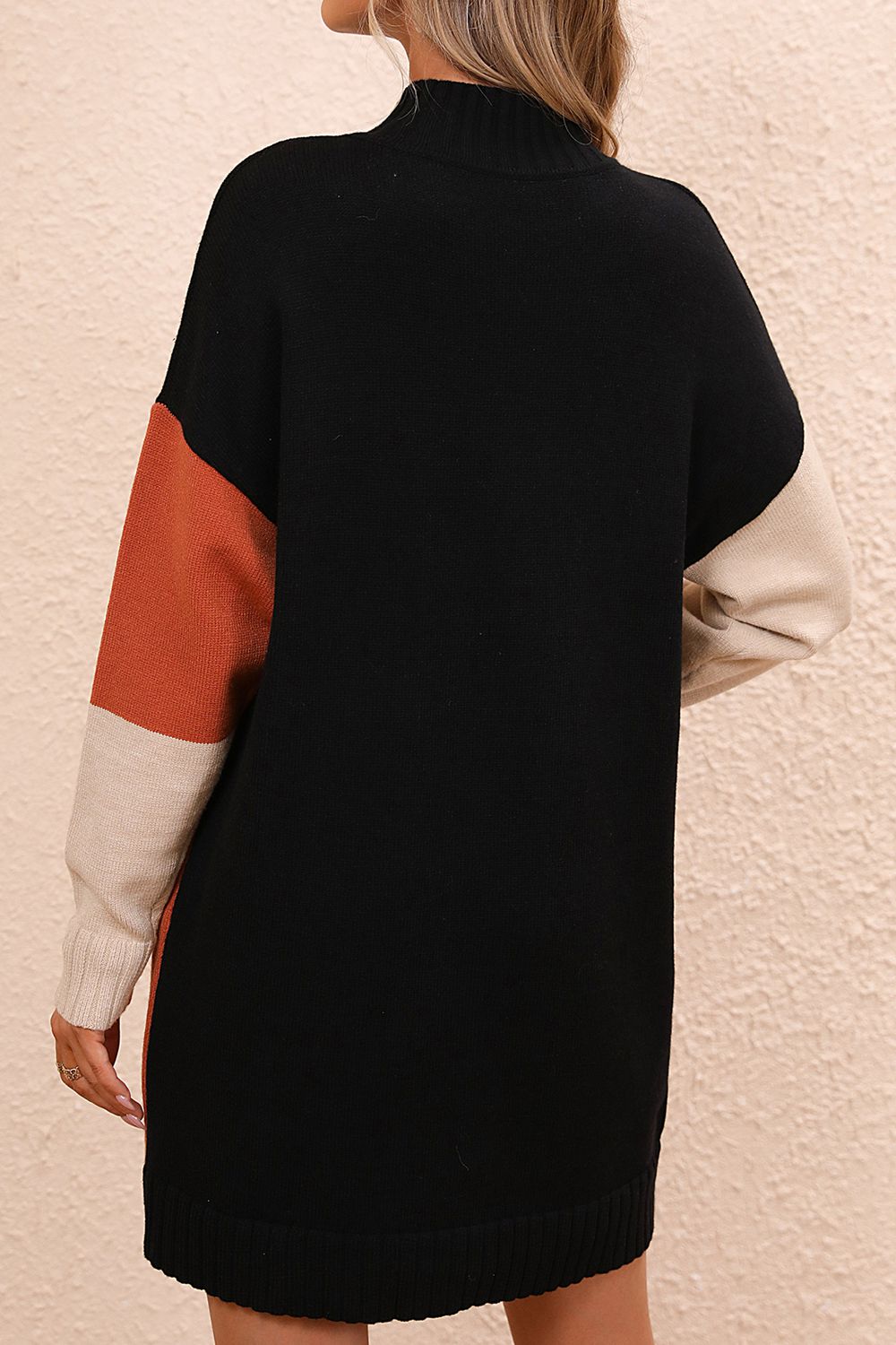 Color Block Mock Neck Dropped Shoulder Sweater Dress - Pahabu - Women's Clothing & Shop