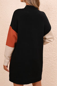 Color Block Mock Neck Dropped Shoulder Sweater Dress - Pahabu - Women's Clothing & Shop