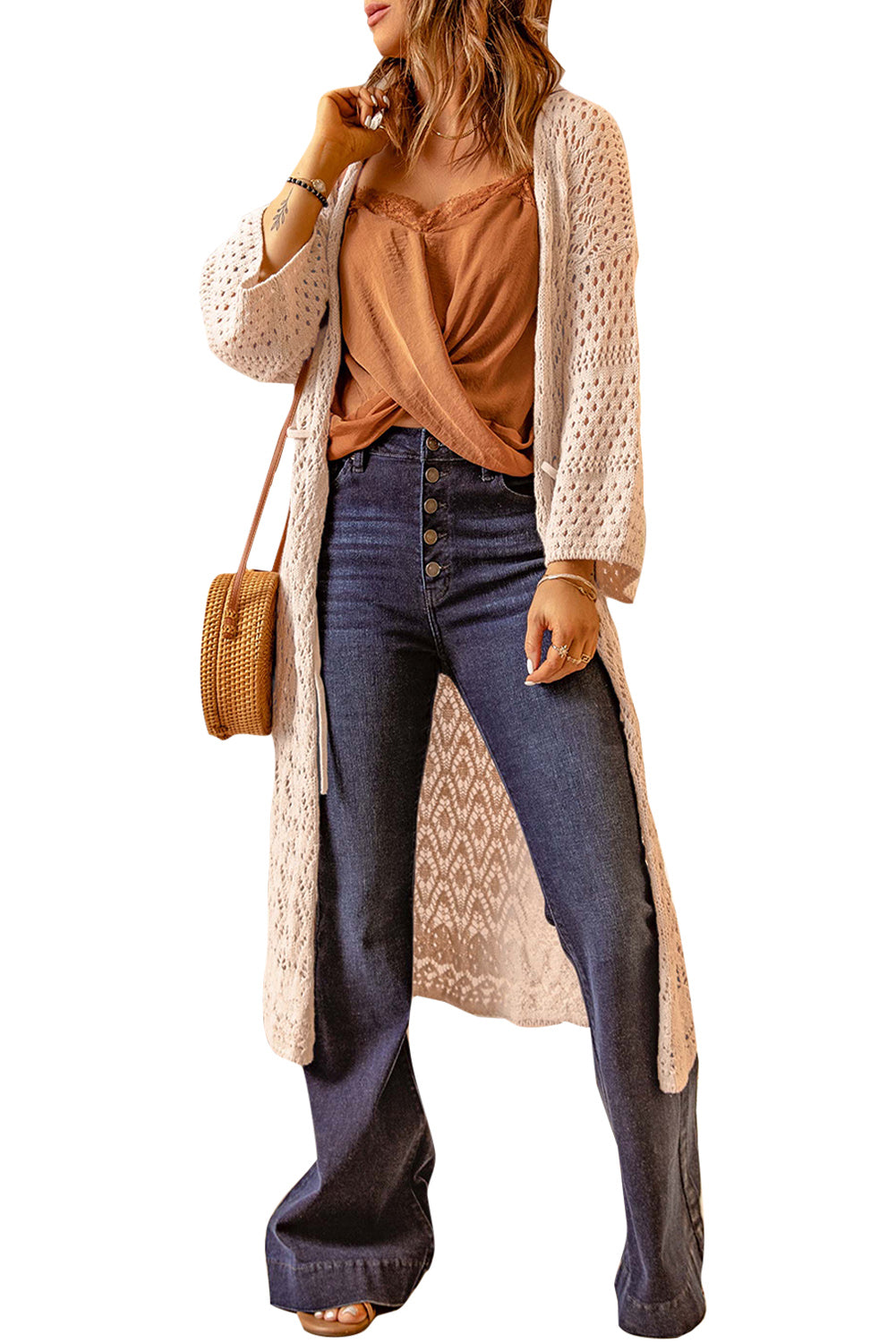 Dropped Shoulder Long Sleeve Crochet Duster Cardigan - Pahabu - Women's Clothing & Shop