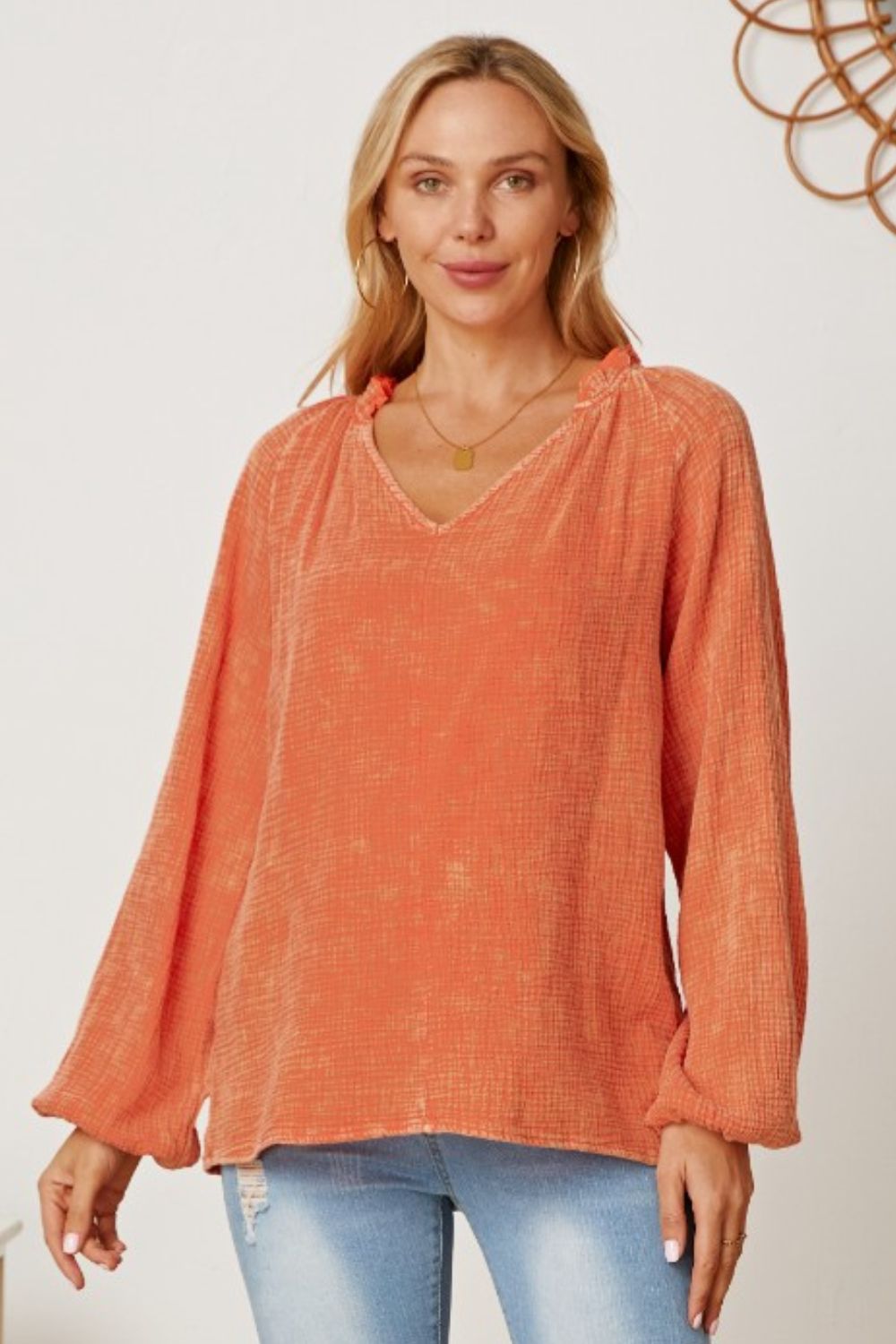 Frill V-Neck Balloon Sleeve Blouse - Pahabu - Women's Clothing & Shop