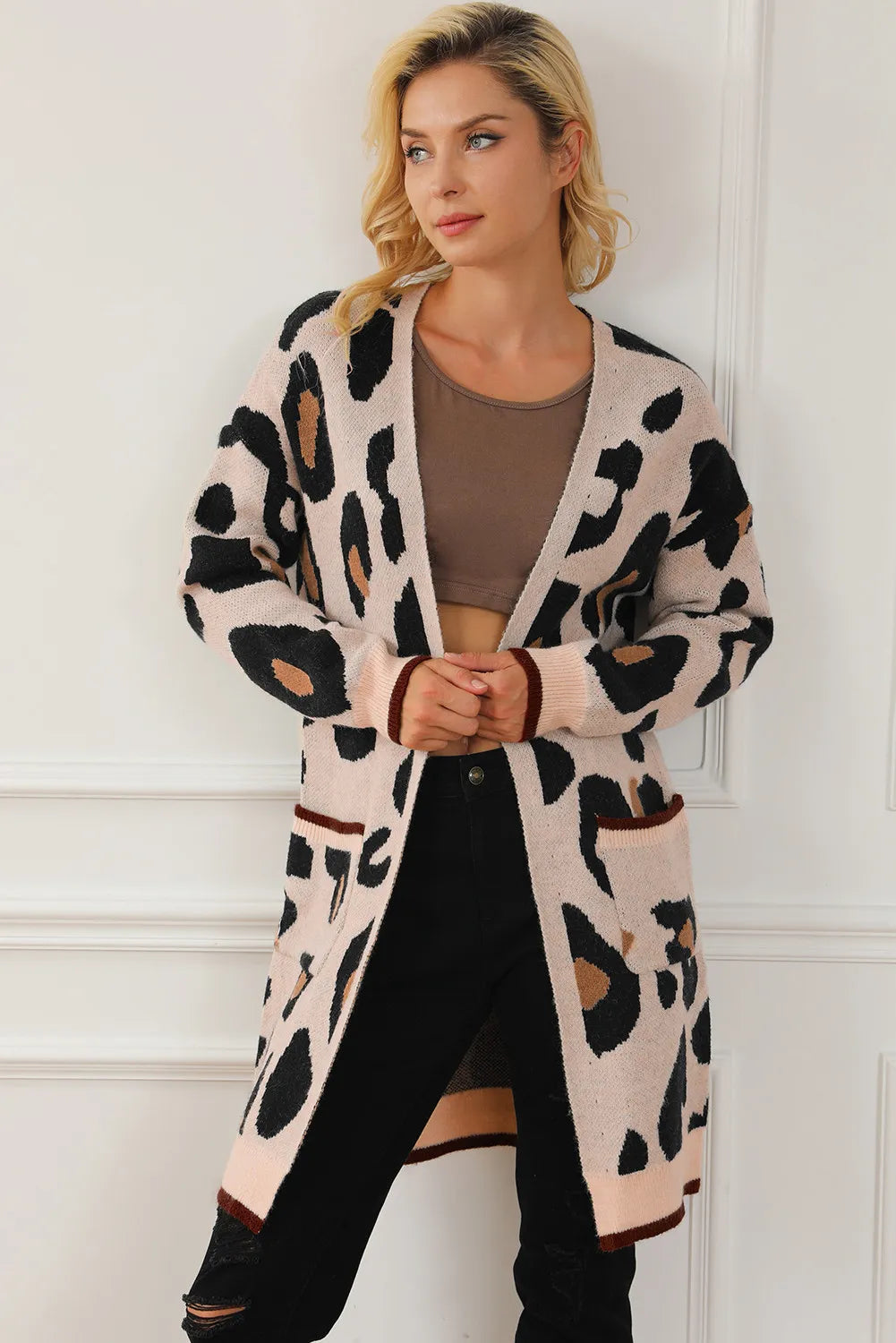 Leopard Open Front Long Sleeve Cardigan - Pahabu - Women's Clothing & Shop
