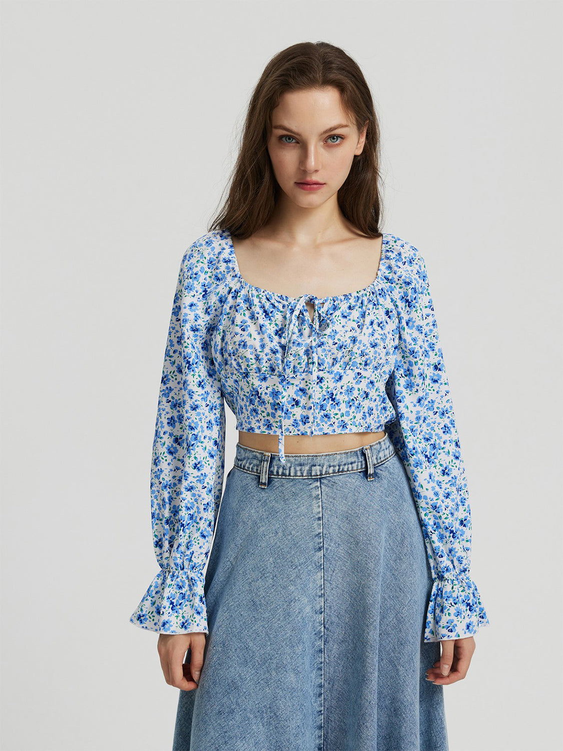 Honey Floral Tie Front Square Neck Flounce Sleeve Blouse - Pahabu - Women's Clothing & Shop