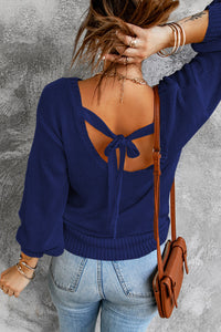 Tied Balloon Sleeve Round Neck Sweater - Pahabu - Women's Clothing & Shop