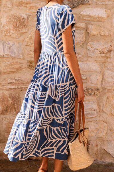 Tiered Printed Round Neck Short Sleeve Dress - Pahabu - Women's Clothing & Shop