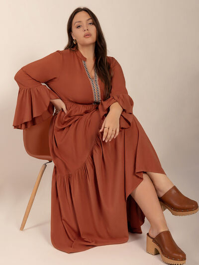 Plus Size Ruffled Notched Long Sleeve Midi Dress - Pahabu - Women's Clothing & Shop