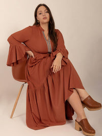 Plus Size Ruffled Notched Long Sleeve Midi Dress - Pahabu - Women's Clothing & Shop