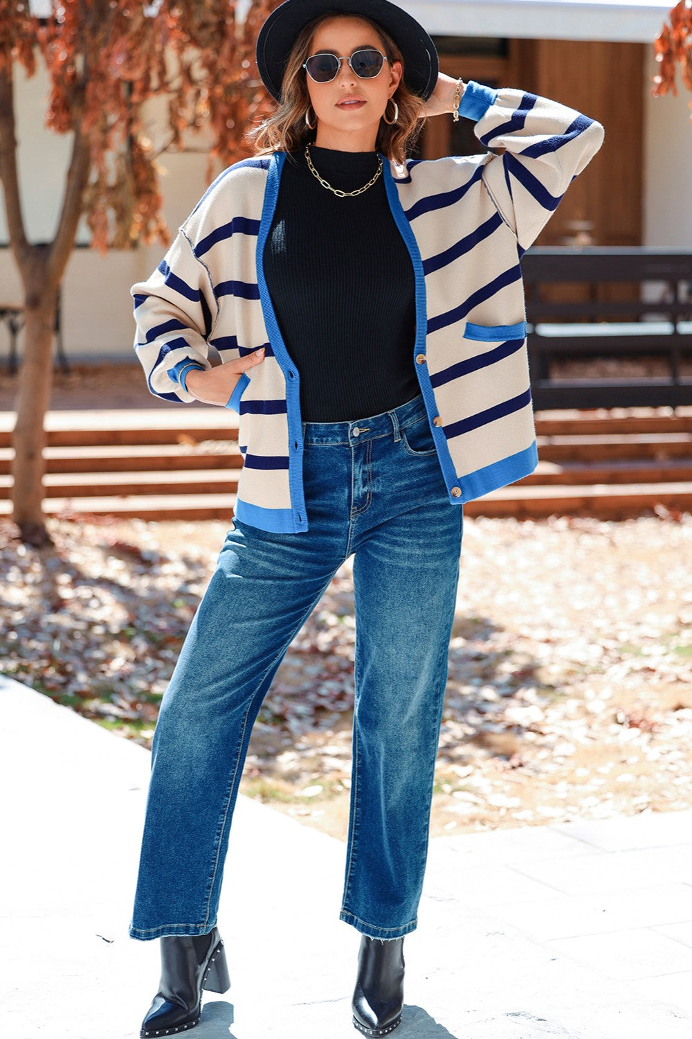 Striped Button Up Long Sleeve Cardigan - Pahabu - Women's Clothing & Shop