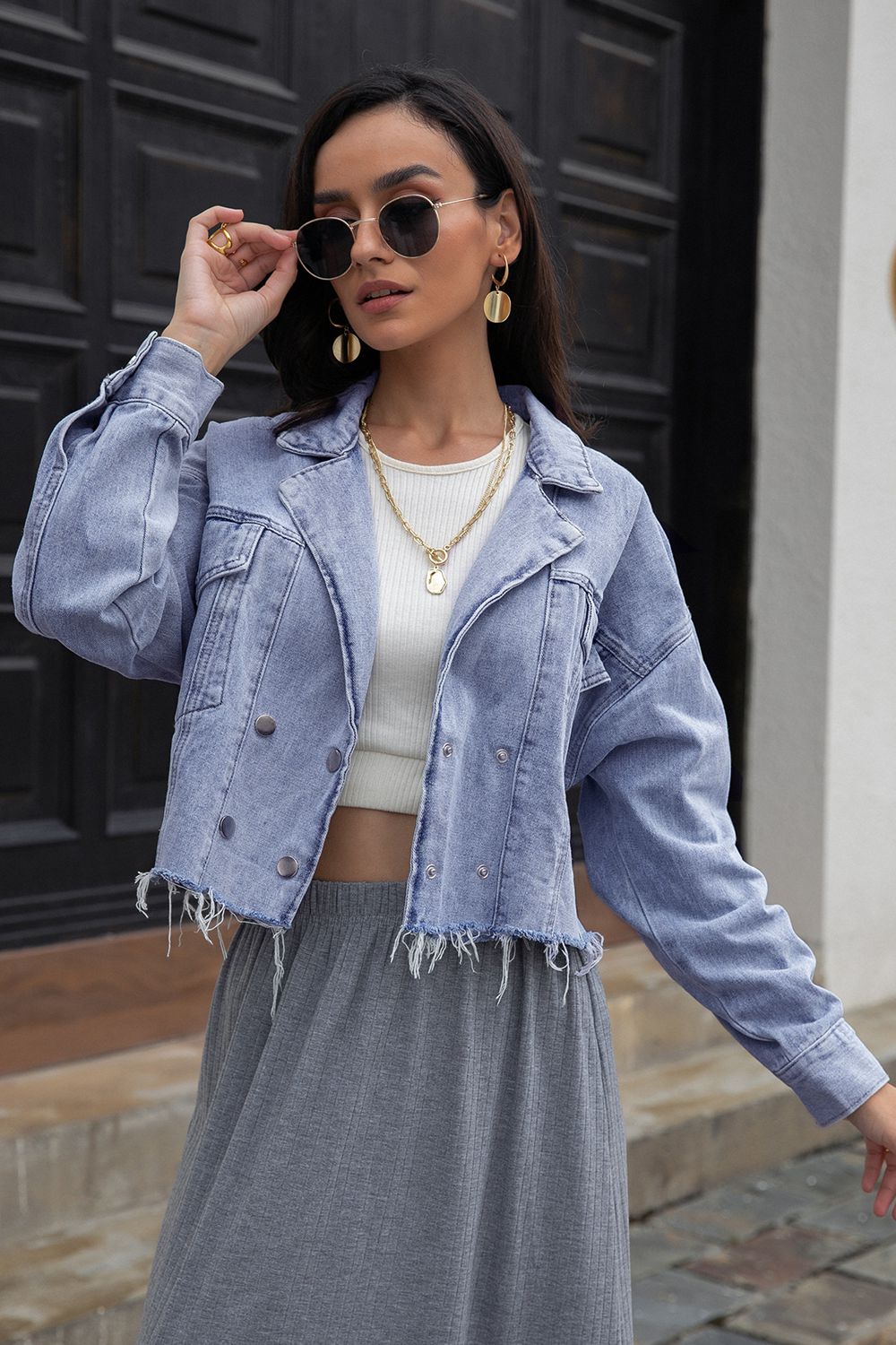 Lapel Collar Long Sleeve Denim Jacket - Pahabu - Women's Clothing & Shop