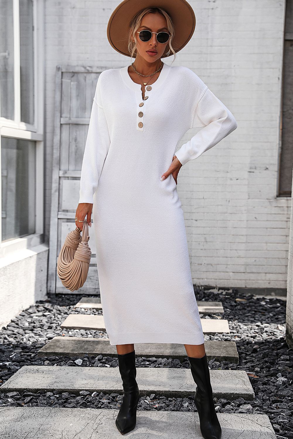 Notched Neck Dropped Shoulder Button-Down Midi Dress - Pahabu - Women's Clothing & Shop