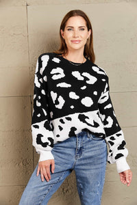 Woven Right Leopard Ribbed Trim Dropped Shoulder Sweater - Pahabu - Women's Clothing & Shop