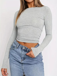 Solid Color Round Neck Long Sleeve T-Shirt - Pahabu - Women's Clothing & Shop