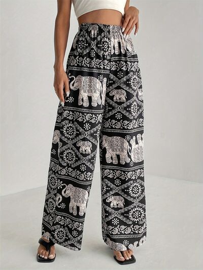 Printed Wide Leg Elastic Waist Pants - Pahabu - Women's Clothing & Shop