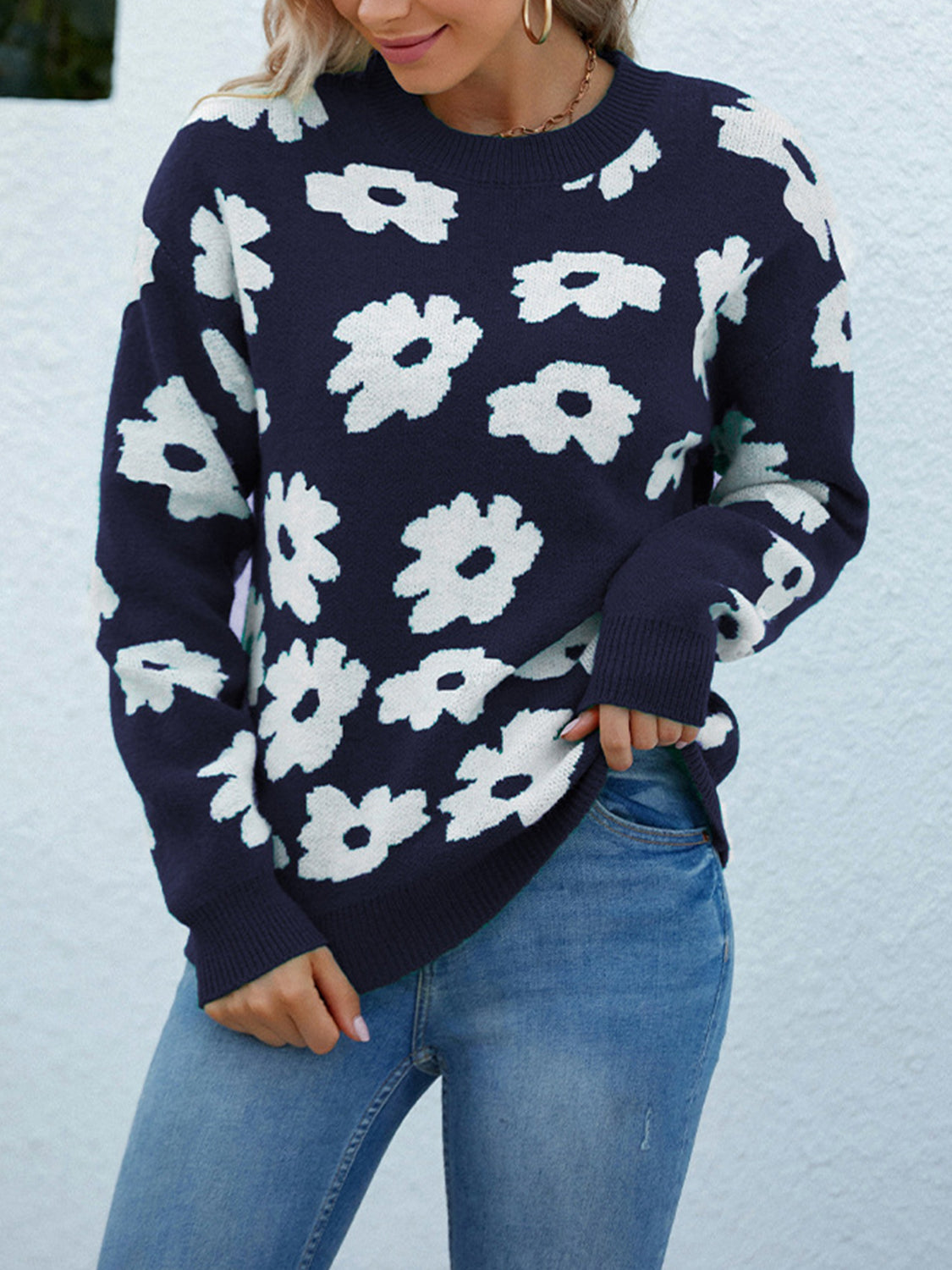 Floral Round Neck Sweater - Pahabu - Women's Clothing & Shop