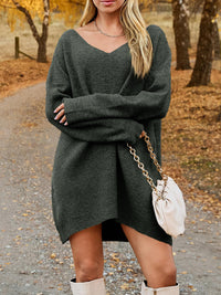 V-Neck Dropped Shoulder Sweater Dress - Pahabu - Women's Clothing & Shop