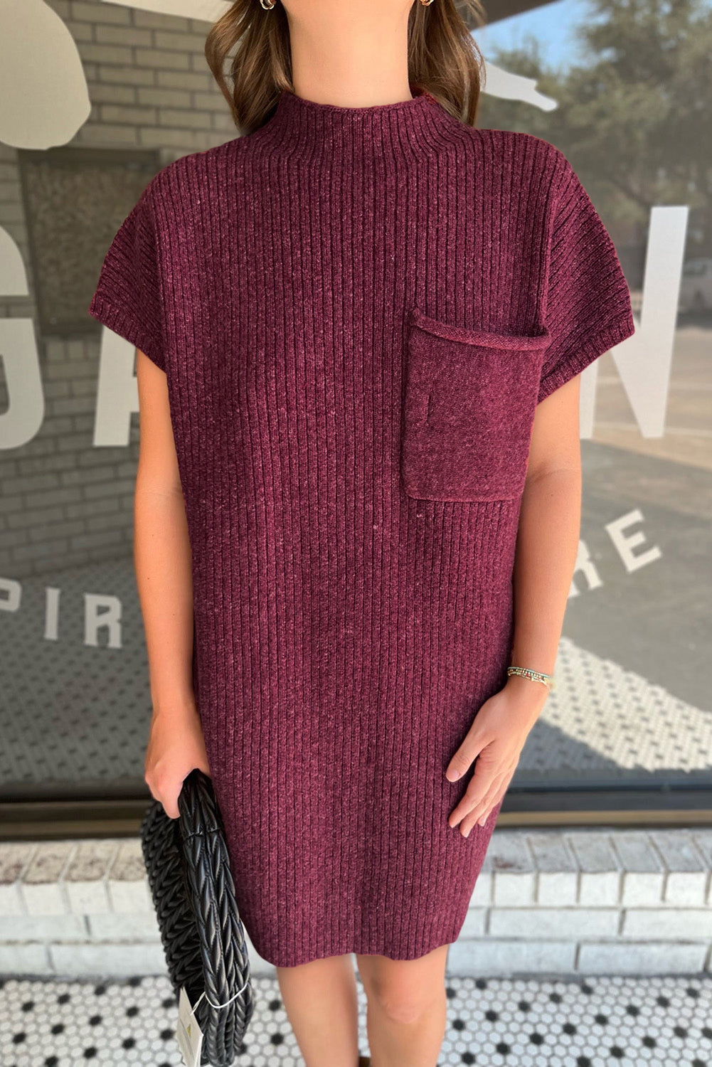 Ribbed Pocketed Mock Neck Short Sleeve Sweater - Pahabu - Women's Clothing & Shop