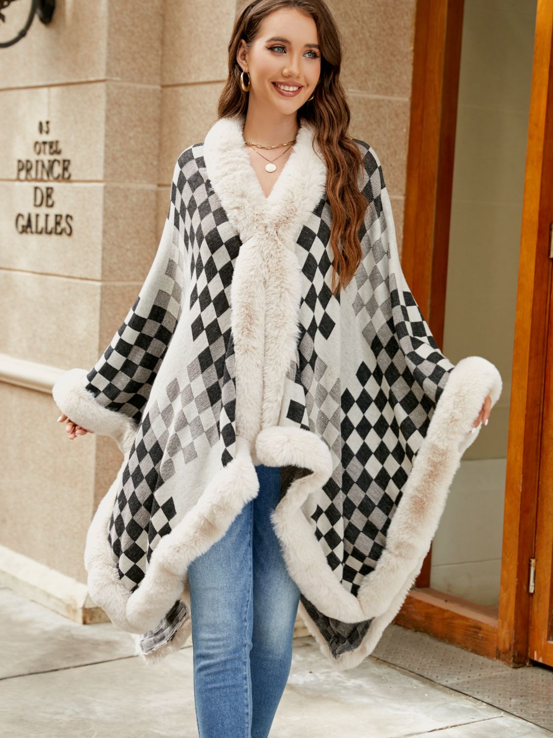 Checkered Faux Fur Trim Poncho - Pahabu - Women's Clothing & Shop