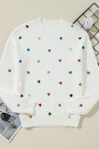 Heart Sequin Round Neck Long Sleeve Sweater - Pahabu - Women's Clothing & Shop