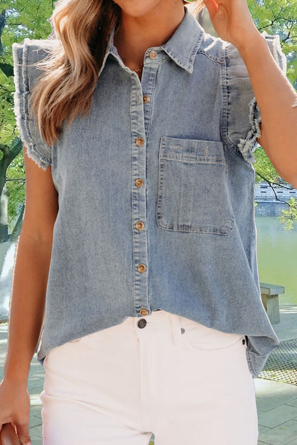 Raw Hem Button Up Cap Sleeve Denim Top - Pahabu - Women's Clothing & Shop