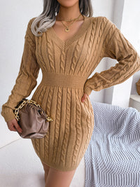 Cable-Knit V-Neck Mini Sweater Dress - Pahabu - Women's Clothing & Shop