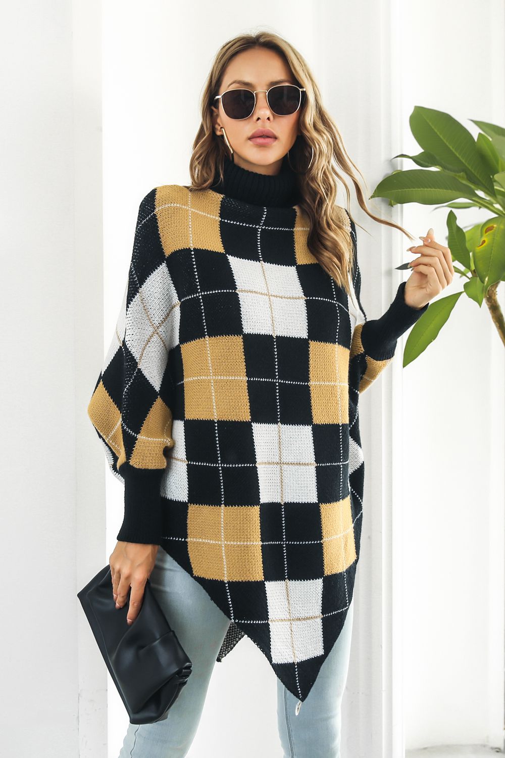 Plaid Turtleneck Dolman Sleeve Poncho - Pahabu - Women's Clothing & Shop