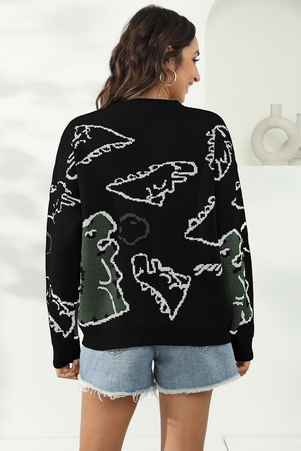 Dinosaur Print Pullover Sweater - Pahabu - Women's Clothing & Shop