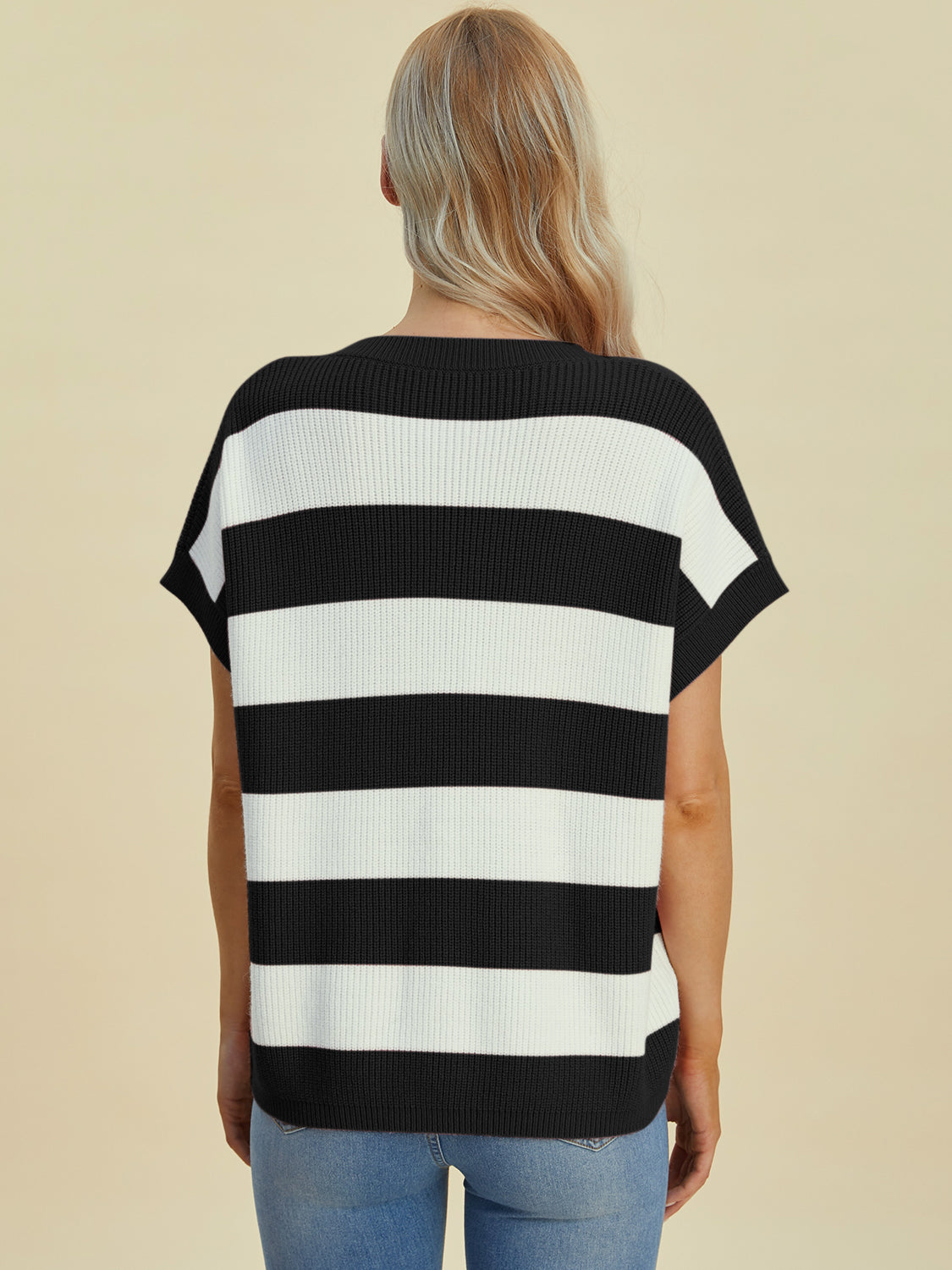 Double Take Full Size Striped V-Neck Short Sleeve Sweater - Pahabu - Women's Clothing & Shop