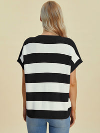 Double Take Full Size Striped V-Neck Short Sleeve Sweater - Pahabu - Women's Clothing & Shop
