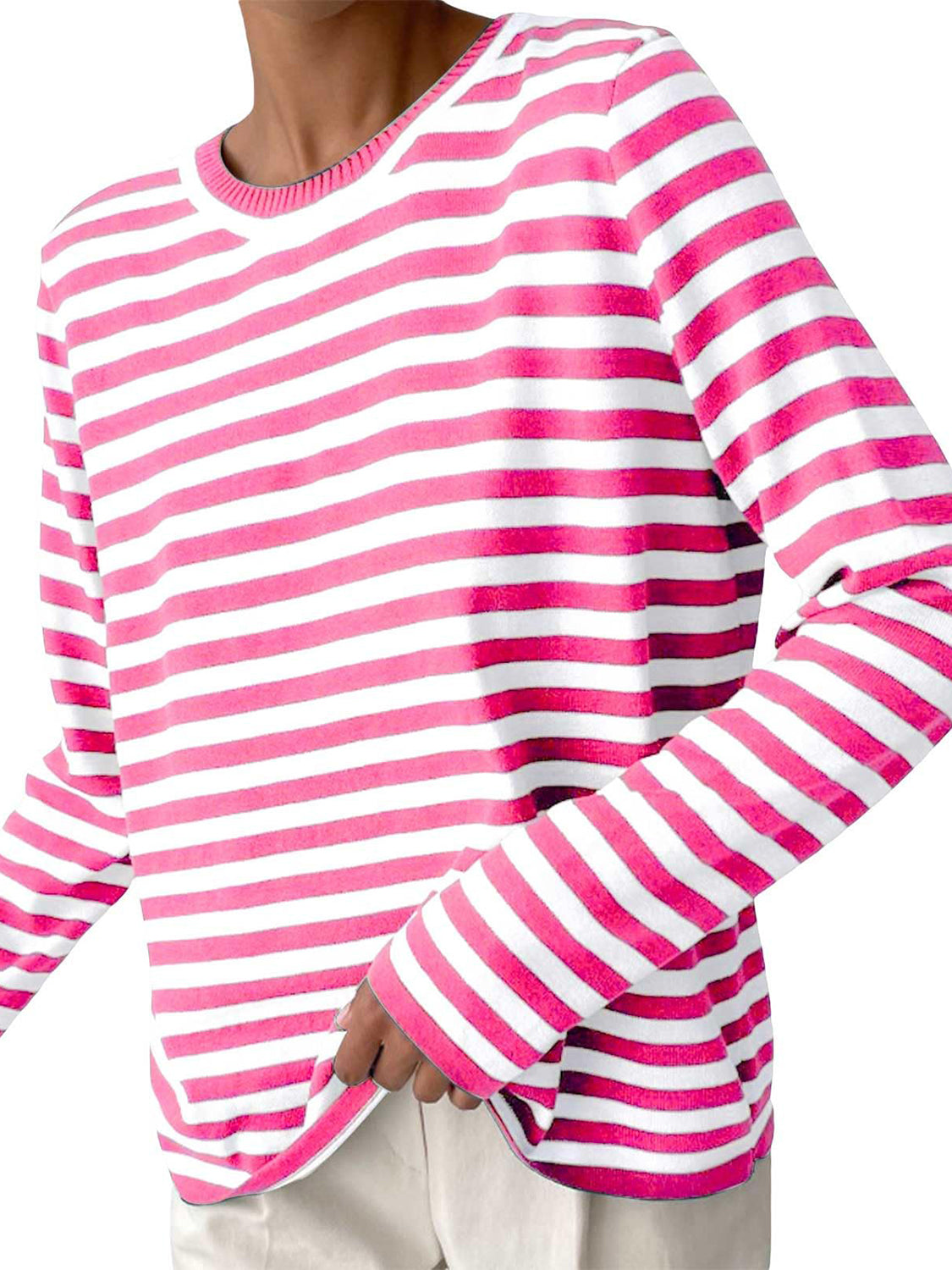 Striped Round Neck Long Sleeve Sweater - Pahabu - Women's Clothing & Shop