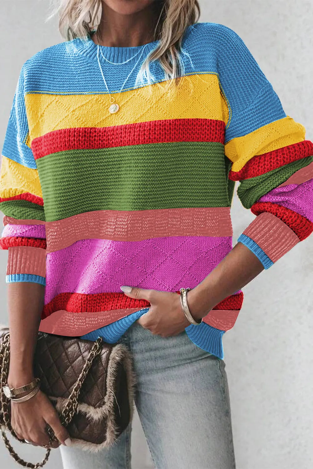 Contrast Round Neck Dropped Shoulder Sweater - Pahabu - Women's Clothing & Shop