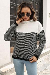 Two-Tone Mock Neck Dropped Shoulder Pullover Sweater - Pahabu - Women's Clothing & Shop