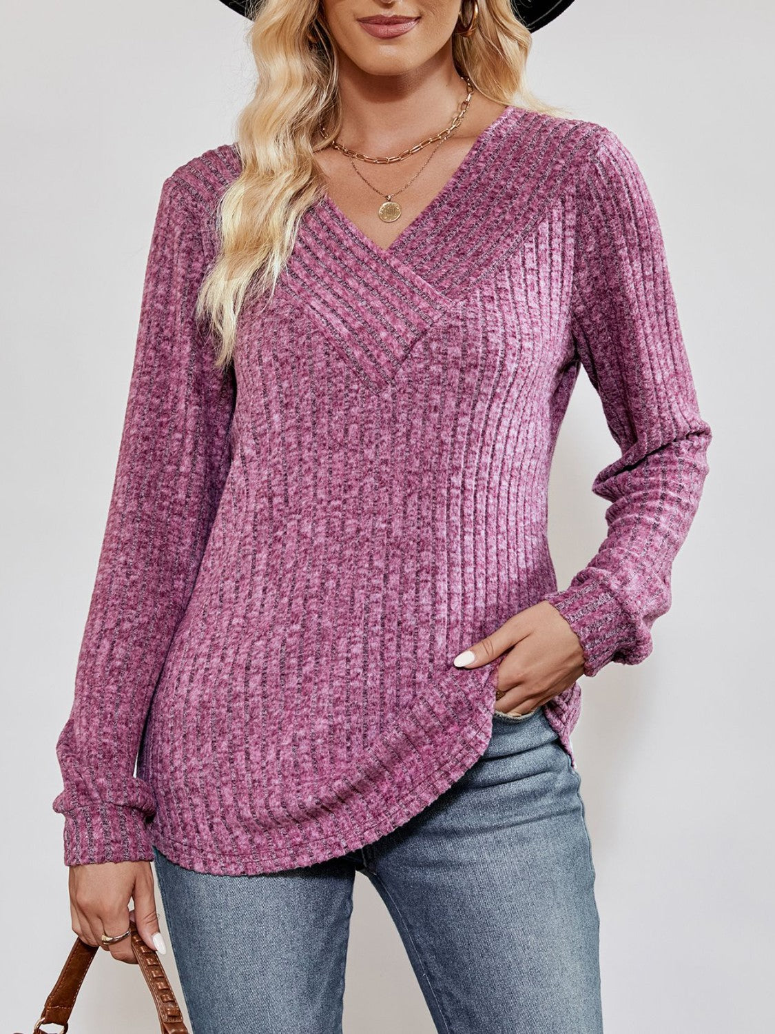 V-Neck Ribbed Long Sleeve Top - Pahabu - Women's Clothing & Shop