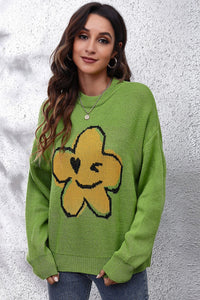 Flower Graphic Drop Shoulder Sweater - Pahabu - Women's Clothing & Shop