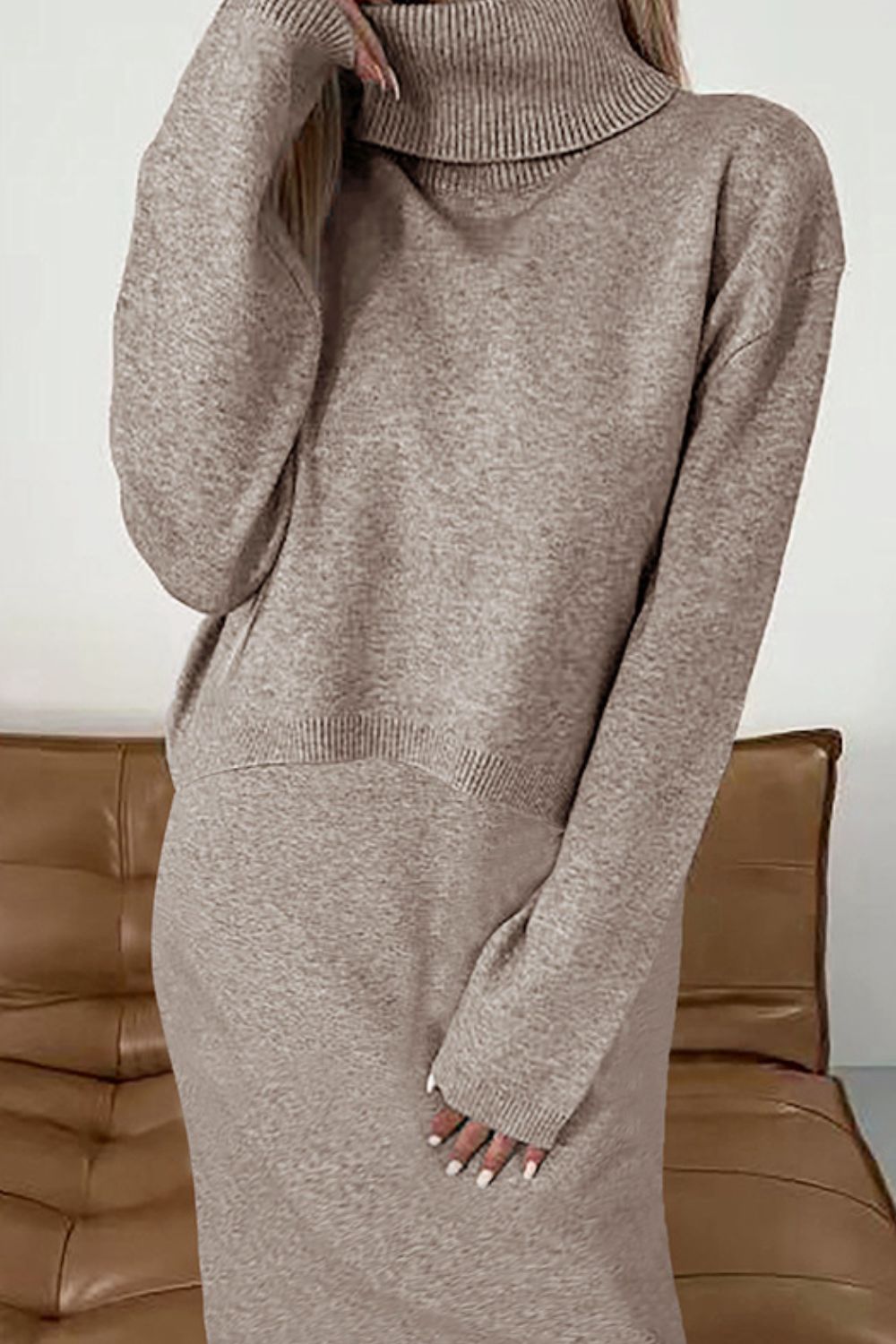 Turtleneck Dropped Shoulder Sweater and Midi Dress Sweater Set - Pahabu - Women's Clothing & Shop