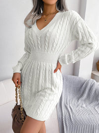 Cable-Knit V-Neck Mini Sweater Dress - Pahabu - Women's Clothing & Shop