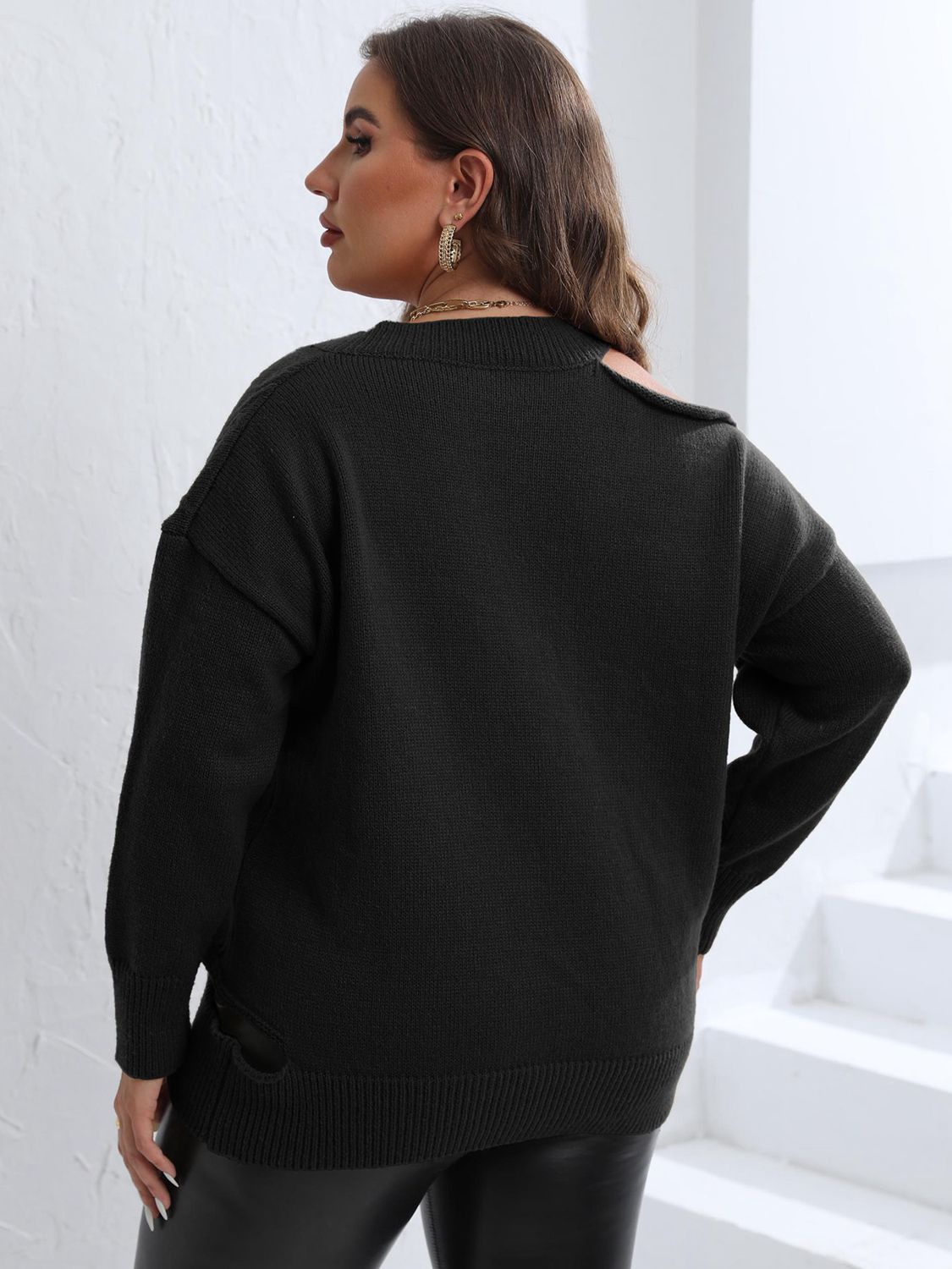 Plus Size Cutout V-Neck Sweater - Pahabu - Women's Clothing & Shop