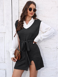 Tie Front V-Neck Sleeveless Slit Sweater Dress - Pahabu - Women's Clothing & Shop