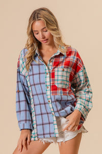 BiBi Color Block Plaid Button Down Shirt