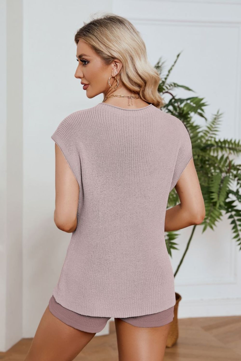 Round Neck Knit Top and Drawstring Shorts Set - Pahabu - Women's Clothing & Shop