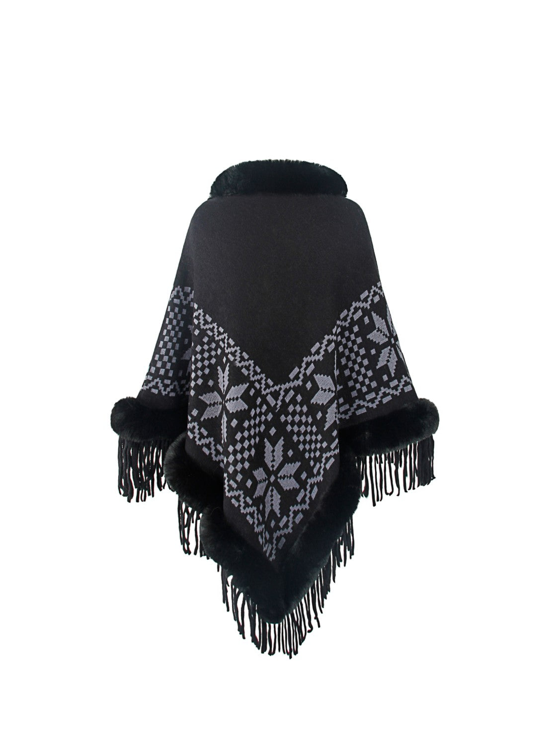 Fringe Geometric Cape Sleeve Poncho - Pahabu - Women's Clothing & Shop